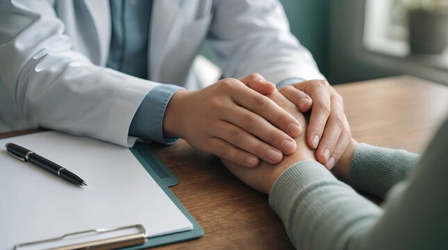 Compassionate doctor in white coat gently cradling patient's hands on warm wooden clinic desk, close-up of trust, empathy and medical care concept with soft natural light
