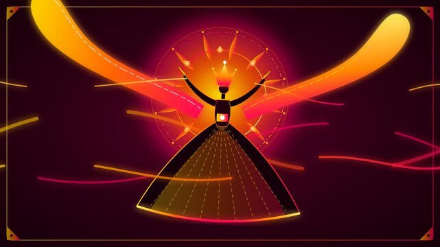 Whirling dervish figure with glowing wings in repetitive pattern