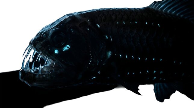 Deep sea dragonfish illustration with glowing bioluminescent eyes and sharp teeth