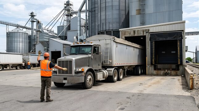 Worker guiding a semi truck at a grain elevator facility for loading