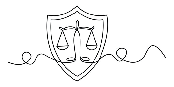 Continuous line drawing of a shield and law scales