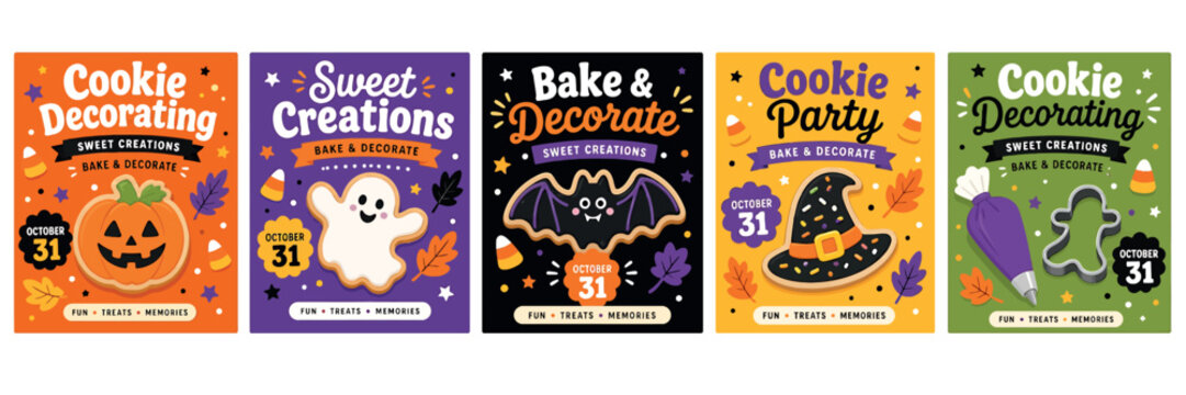 Set of halloween cookie decorating vector posters or flyers with cute pumpkin, ghost, bat, witch hat, and piping bag designs