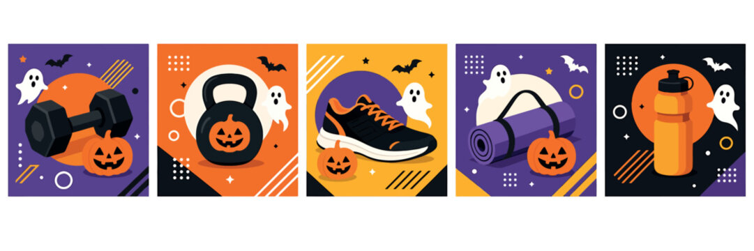 Set of halloween fitness banners with pumpkins, ghosts, bats, dumbbell, kettlebell, running shoes, yoga mat and water bottle