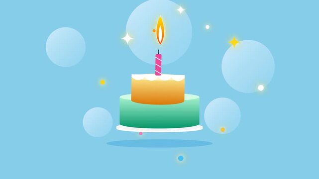 Animated birthday cake grid with lit candles on blue background