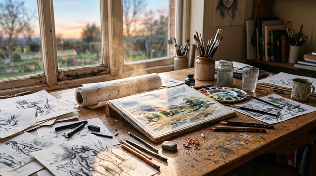 Artist desk with art supplies and sketches by a window at sunset