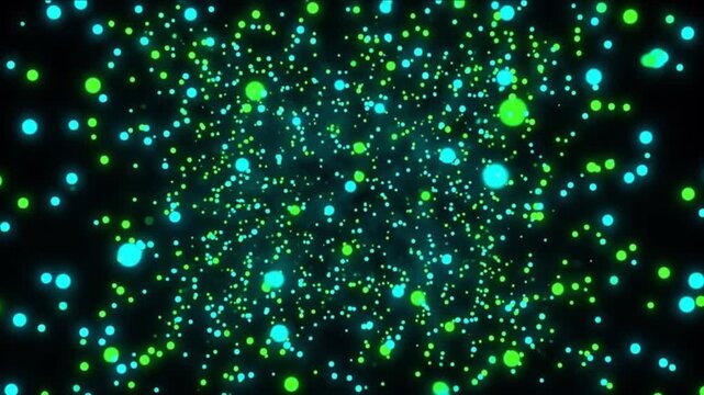 漆黒の空間に緑とシアンの量子ドット粒子が漂うシナプス網の3DCG動画
