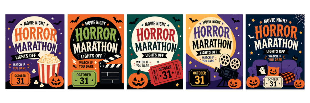 Set of five halloween horror movie night marathon posters with pumpkins, popcorn, film clapper, projector and sofa, flat vector illustration isolated