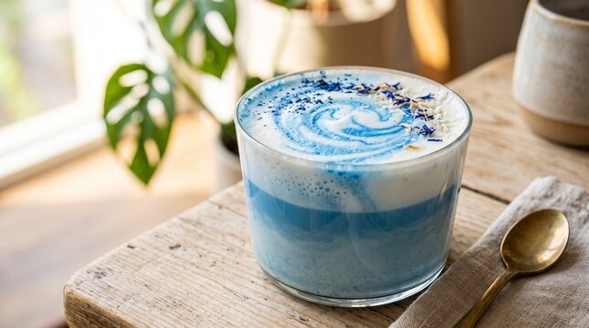 Blue spirulina latte in a glass cup with foam on a rustic wooden table