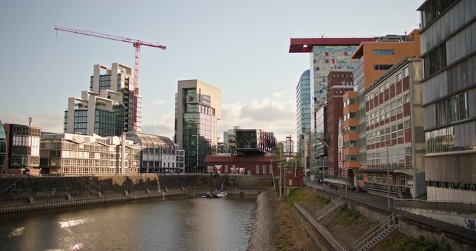 Old harbor Dusseldorf Rhine modern architecture urban cityscape with contemporary offices and beautiful European travel scenery