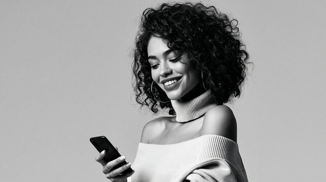 Phone, smile and woman in studio for social media, text or reading fashion blog. Mobile, online chat and happy African model on app for news, check 