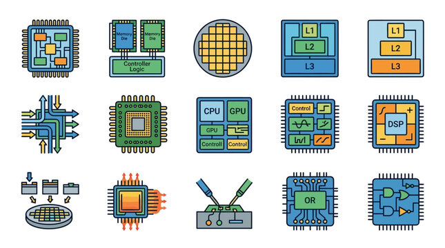 Creative Illustrated Guide to Various Computer Chips and Components with Colorful Diagrams and Icons