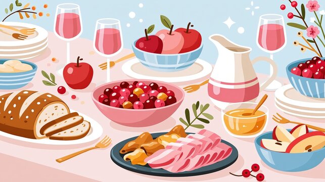 Festive harvest meal is presented on a table setting with abundance of food and drink.