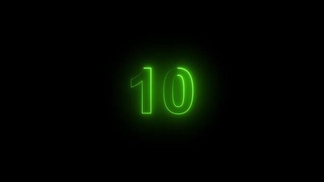 Number ten shines with brilliant green neon illumination in total darkness, establishing an eye catching countdown visual for modern websites and dynamic digital presentation screens.