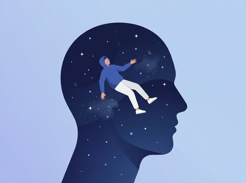 Human head silhouette with floating person inside cosmic space