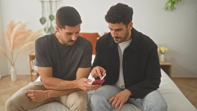 Two men sit on bed, hands holding red smartphone, one pointing finger to screen in bedroom; friendship trust.