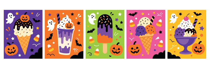 Fototapeta premium Set of halloween ice cream and dessert illustrations with ghosts, pumpkins, bats, and candy corn on colorful backgrounds