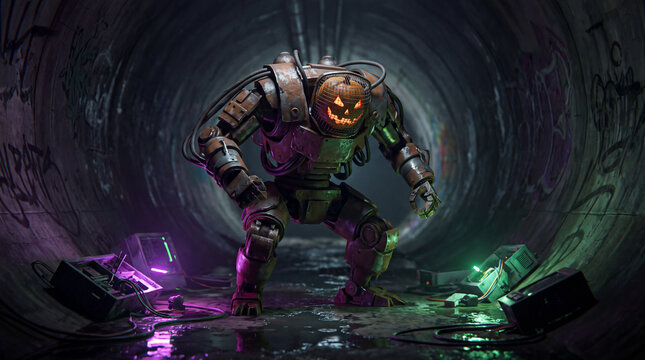 Halloween cyberpunk neon armored robot with glowing pumpkin face standing graffiti tunnel, colorful light reflecting wet ground