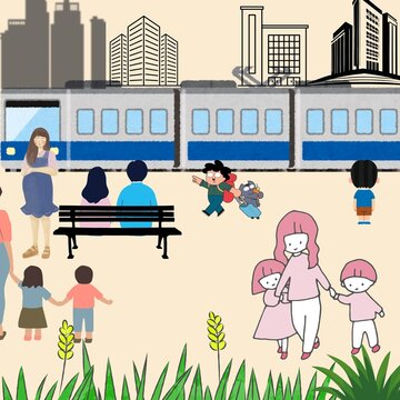 Flat digital illustration of people at a train station platform with subway electric train and city buildings background