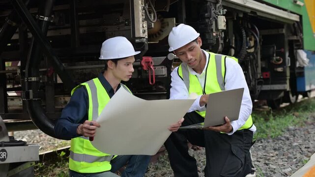 Construction workers inspecting technical drawings during railway track maintenance