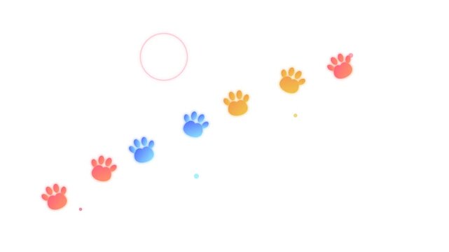 Colorful animal paw prints moving on white background