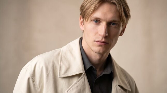 Portrait of a handsome young blonde man wearing a beige trench coat in a bright studio
