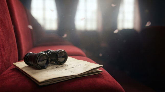Binocular book paper red theater halloween day celebrates dead with vintage binocular on book beside velvet seat