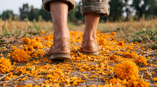 Walking field marigold flower autumn harvest halloween day honors dead through vibrant rural tradition and reflective seasonal
