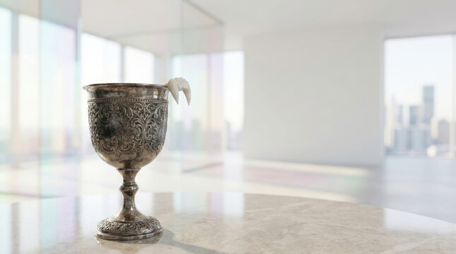 Antique silver goblet, white dove, modern gallery, Halloween Day of Dead atmosphere