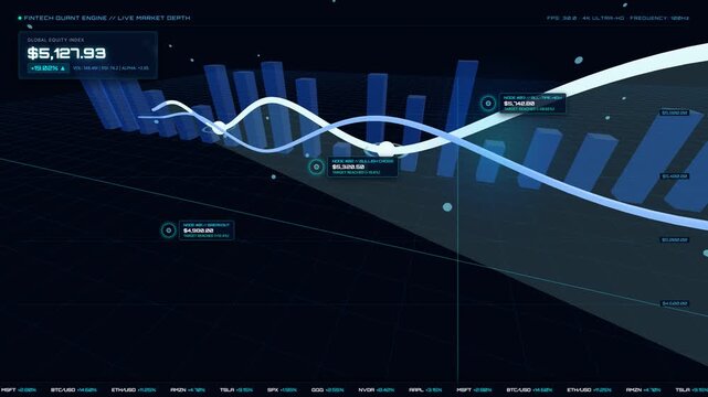 3D futuristic stock market financial dashboard visualization displaying rising line graphs, bar charts, and data analytics. Dynamic camera sweep across high-tech trading interface UI in blue tone.