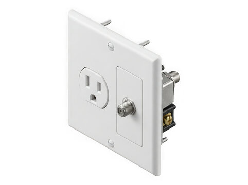 Electrical wall outlet with coaxial cable connector isolated on transparent background