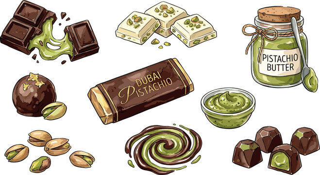 Dubai pistachio chocolate vector set featuring stuffed candy bars gourmet truffles creamy butter jar and raw nuts
