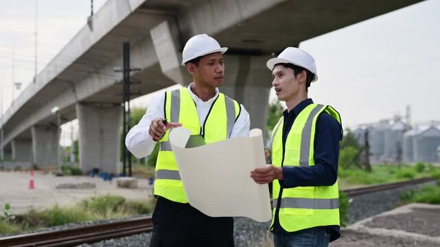 Two Male Construction Engineers Discussing Blueprints Under Bridge Construction Site