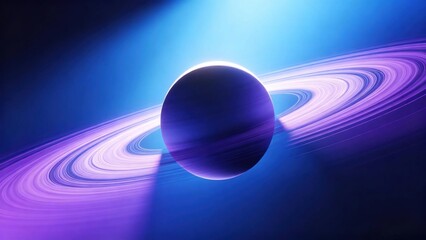 Fototapeta premium Dark purple planet with glowing purple white swirling rings in deep blue outer space, abstract futuristic cosmic astronomy and space exploration background