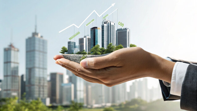 Businessman hand holding modern cityscape skyscraper green tree upward arrow growth finance investment urban futuristic success concept photorealistic