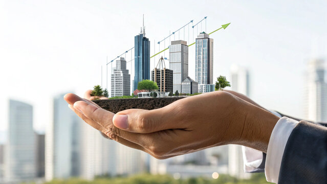 Businessman hand holding modern cityscape skyscraper green tree and upward arrow symbolizing real estate growth urban development investment and economic progress