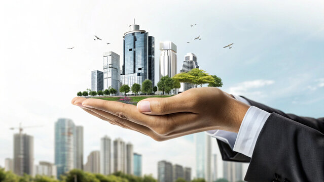 Modern cityscape skyscraper green park business district urban development real estate architecture innovation sustainability futuristic hand concept