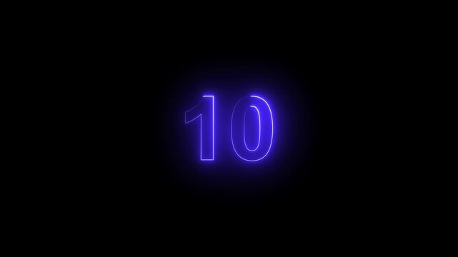 Glowing blue neon number ten digit centered on solid black background functioning as digital countdown timer element or numerical indicator for multimedia production and presentation sequences.