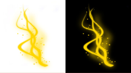 Glowing golden magic trail with sparkles, ethereal yellow light swirls on black and white backgrounds, mystical energy wave for fantasy design © Salim