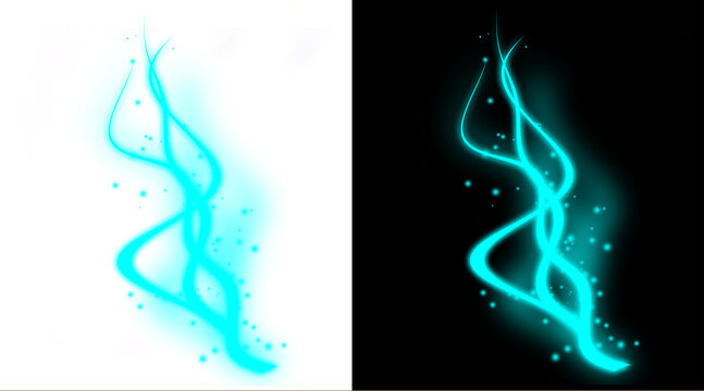 Glowing cyan energy trails with magic sparkles. Ethereal blue light wisps on black and white backgrounds. Neon plasma swirls for motion design.