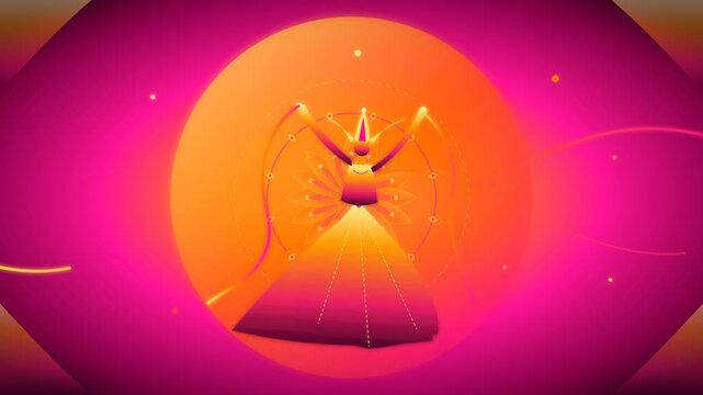 Stylized whirling dervish silhouettes dancing in glowing orange suns