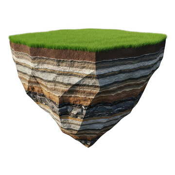 Cross section of ground piece with green grass and soil layers isolated on transparent background