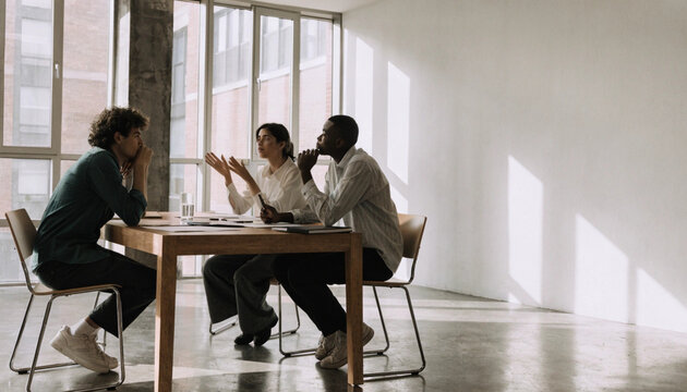 Three people startup founders planning AI business in modern office sitting at wooden table discussing ideas teamwork natural light creative diverse group professional atmosphere