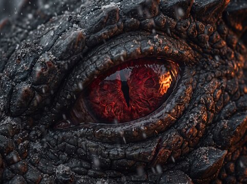 Fierce Red Dragon Eye in Snowy Environment with Glowing Iris and Scaly Skin