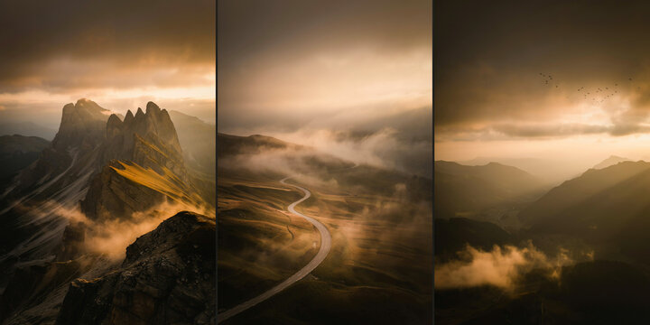 Dramatic mountain landscape triptych with golden sunset light and rolling clouds