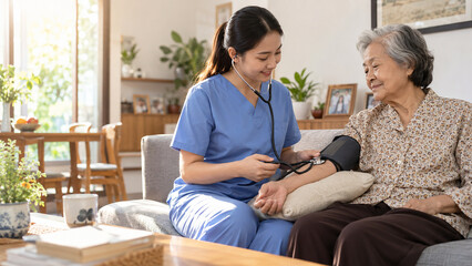 Fototapeta premium Community Nurse Checking Blood Pressure of Elderly Woman at Home