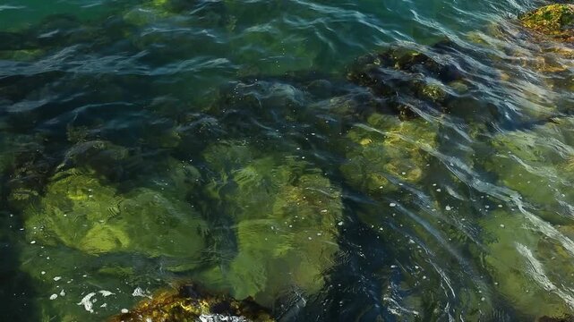 Turquoise water flows over rocks and seaweed, revealing the underwater ecosystem in a coastal area, with sunlight filtering through the surface