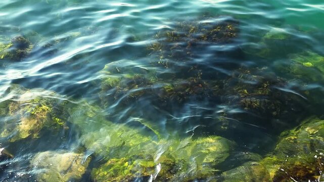 Turquoise water flows over rocks and seaweed, revealing the vibrant underwater ecosystem in a coastal setting with sunlight filtering through the surface