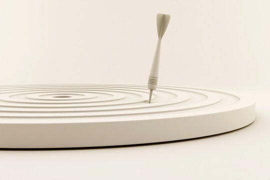 Minimalist 3d beige dart arrow stuck off center on concentric circular target, abstract business goal target and success failure concept