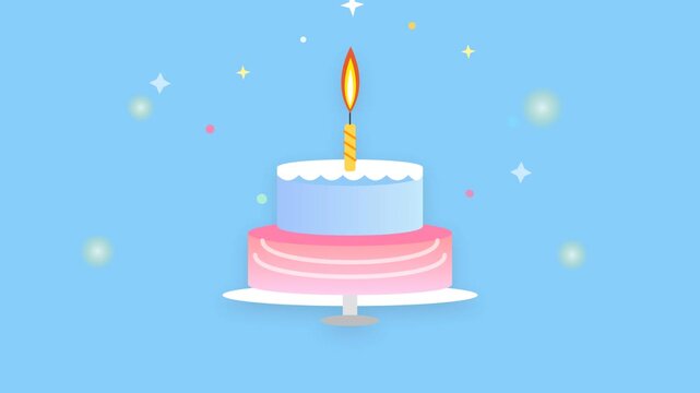 Animated birthday cake pattern with lit candles on blue background