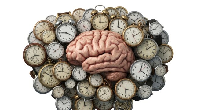 Human Brain Surrounded by Clocks Concept of Time Pressure and Deadline Stress